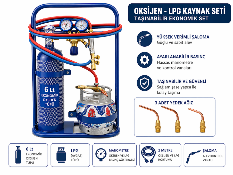Oksijen Kaynak EVREN Seti Tüplü Gaz Tepkime Valfli 6 Litre