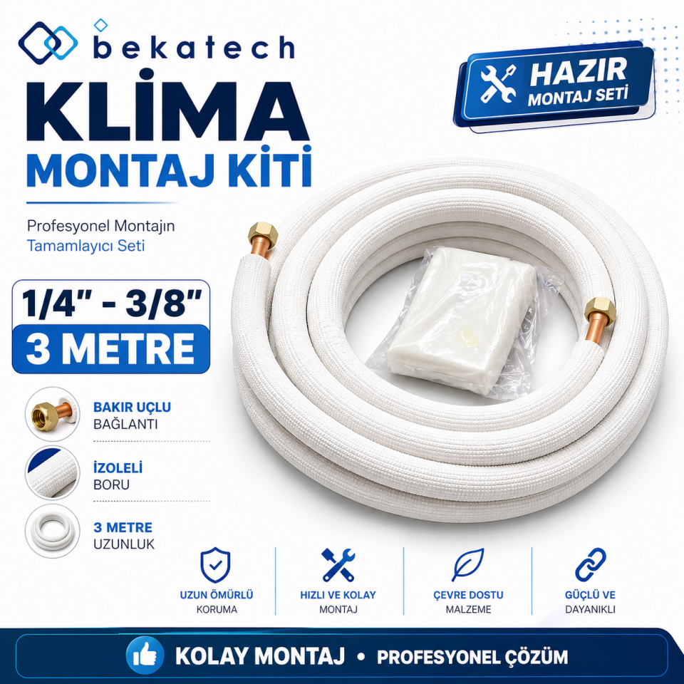 Universal 1/4-3/8 3 Metre Klima Montaj Kiti Seti Bakır Uçlu
