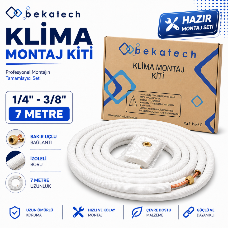 Universal 1/4-3/8 7 Metre Klima Montaj Kiti Seti Bakır Uçlu
