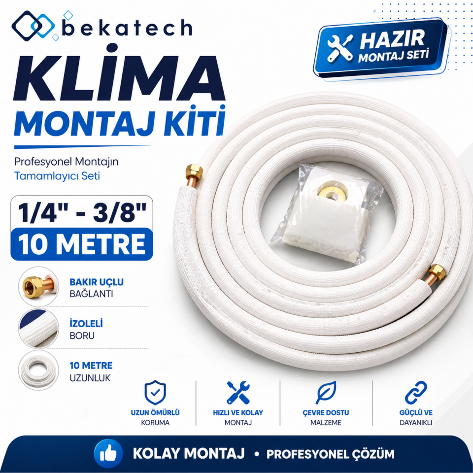 Universal 1/4-3/8 10 Metre Klima Montaj Kiti Seti Bakır Uçlu