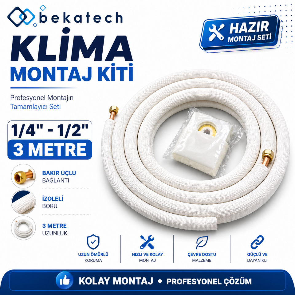 Universal 1/4-1/2 3 Metre Klima Montaj Kiti Seti Bakır Uçlu