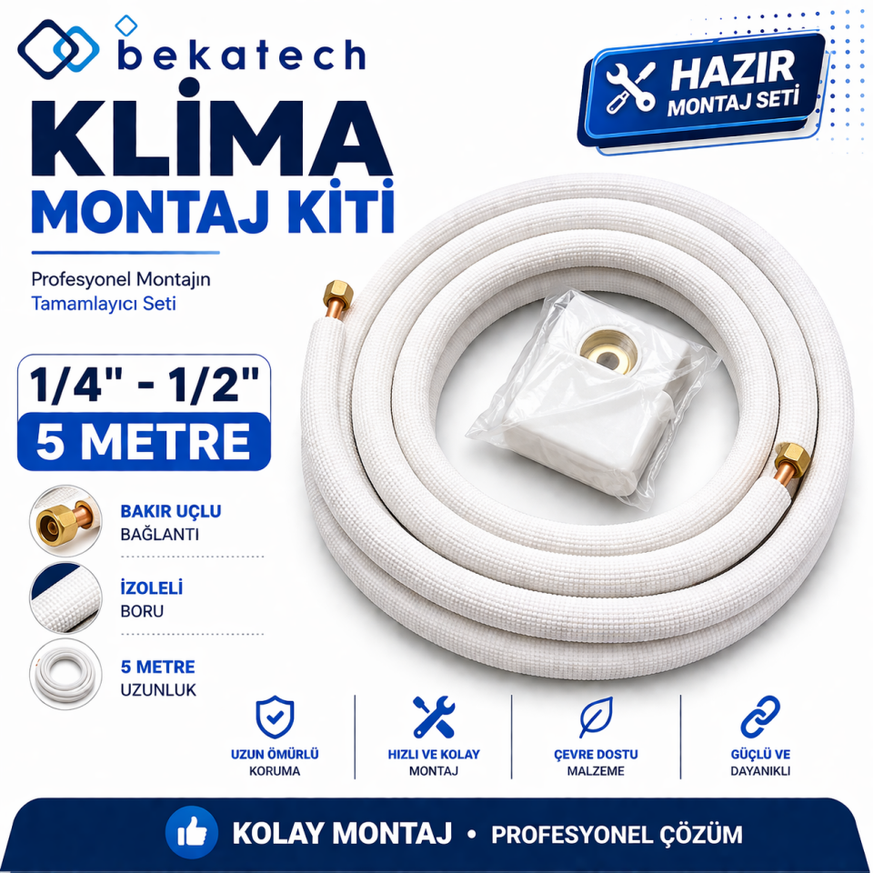 Universal 1/4-1/2 5 Metre Klima Montaj Kiti Seti Bakır Uçlu