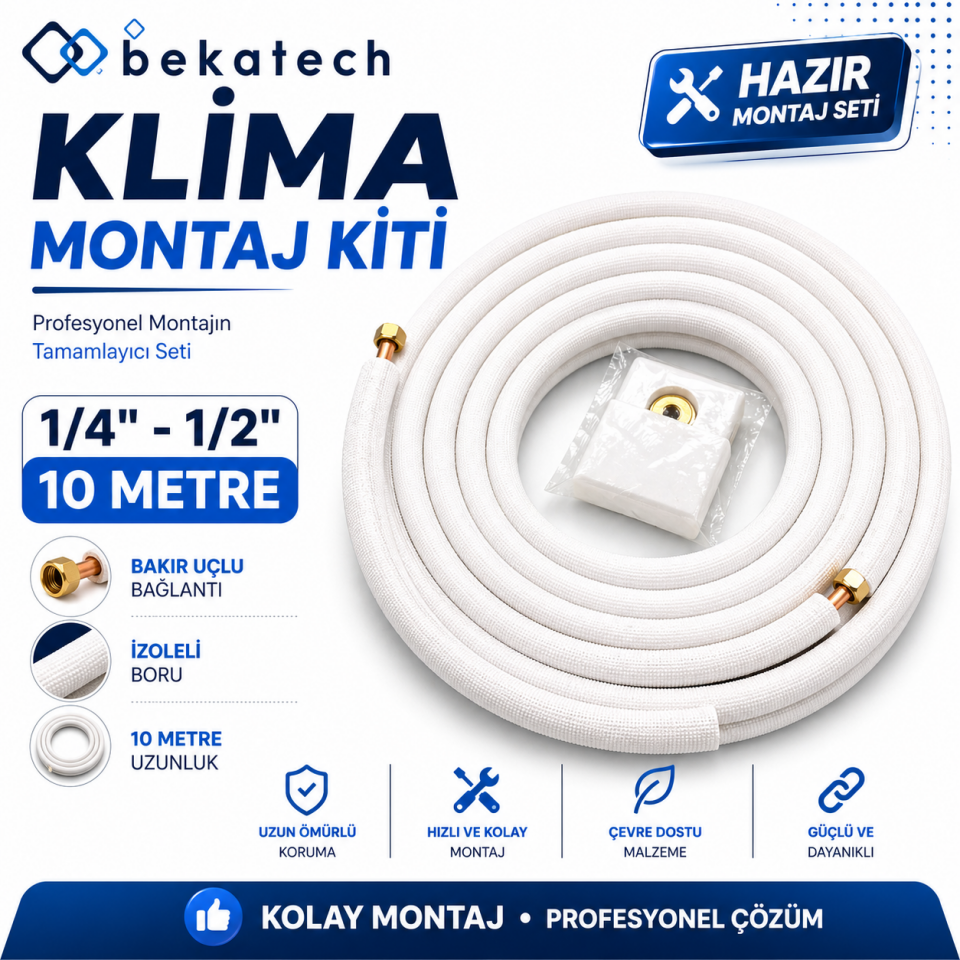 Universal 1/4-1/2 10 Metre Klima Montaj Kiti Seti Bakır Uçlu
