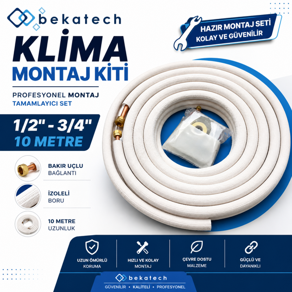 Universal 1/2-3/4  10 Metre Klima Montaj Kiti Seti Bakır Uçlu