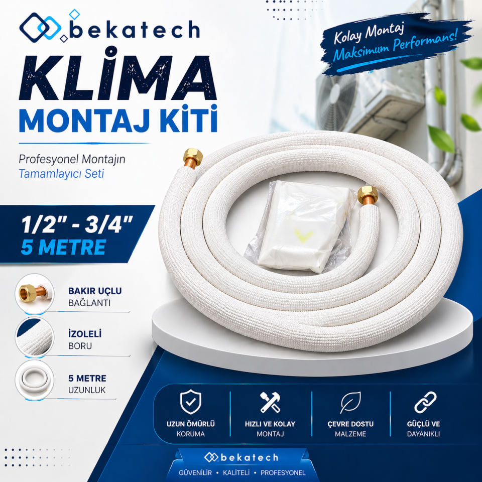 Universal 1/2-3/4  5 Metre Klima Montaj Kiti Seti Bakır Uçlu