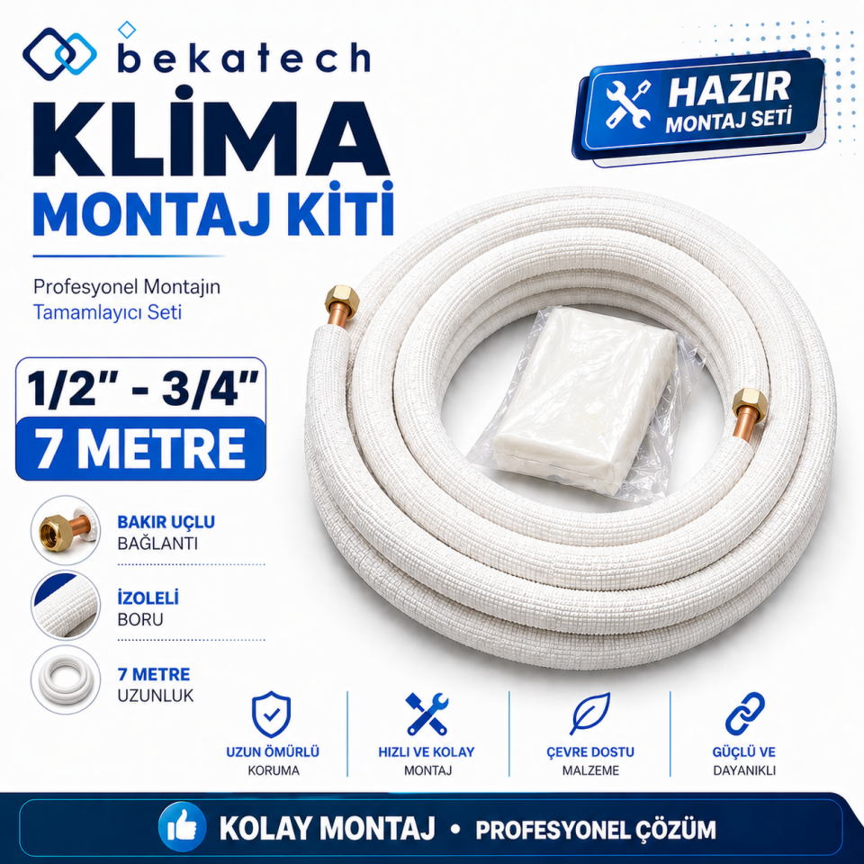 Universal 1/2-3/4  7 Metre Klima Montaj Kiti Seti Bakır Uçlu