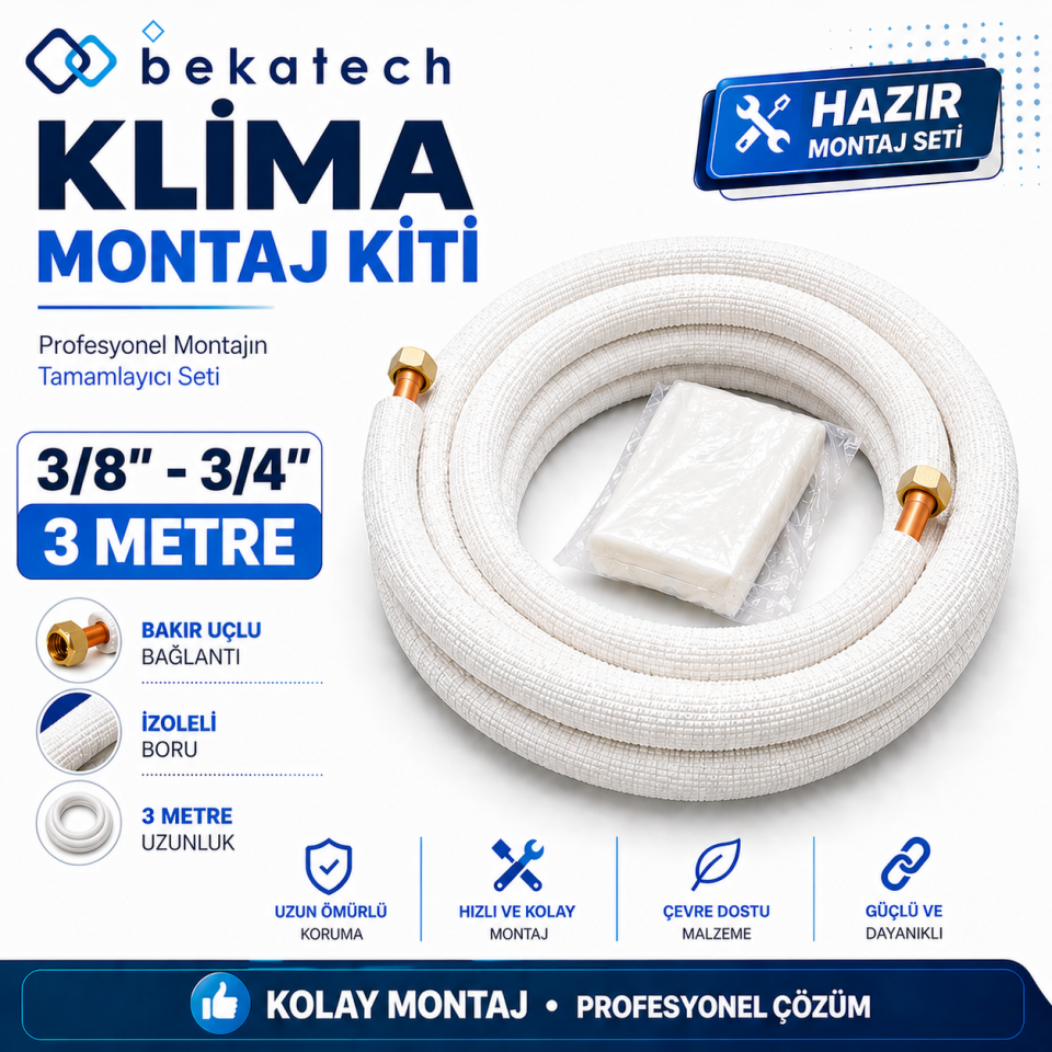 Universal 3/8-3/4  3 Metre Klima Montaj Kiti Seti Bakır Uçlu