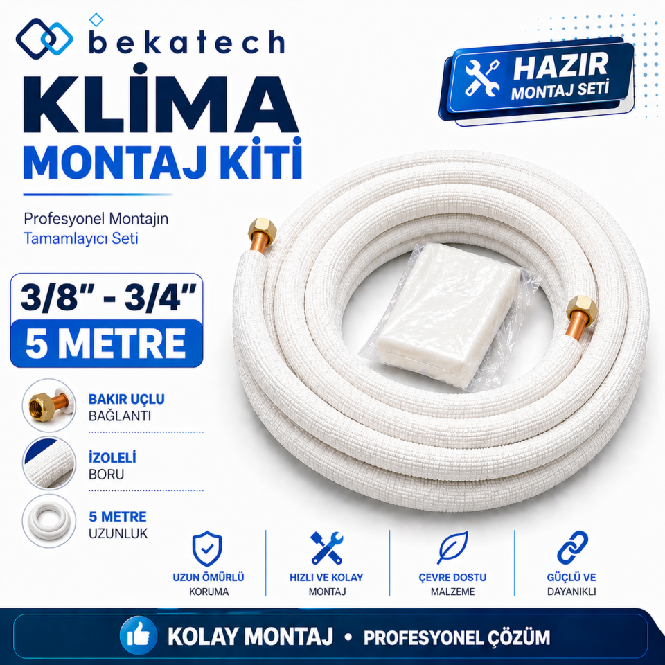 Universal 3/8-3/4 5 Metre Klima Montaj Kiti Seti Bakır Uçlu