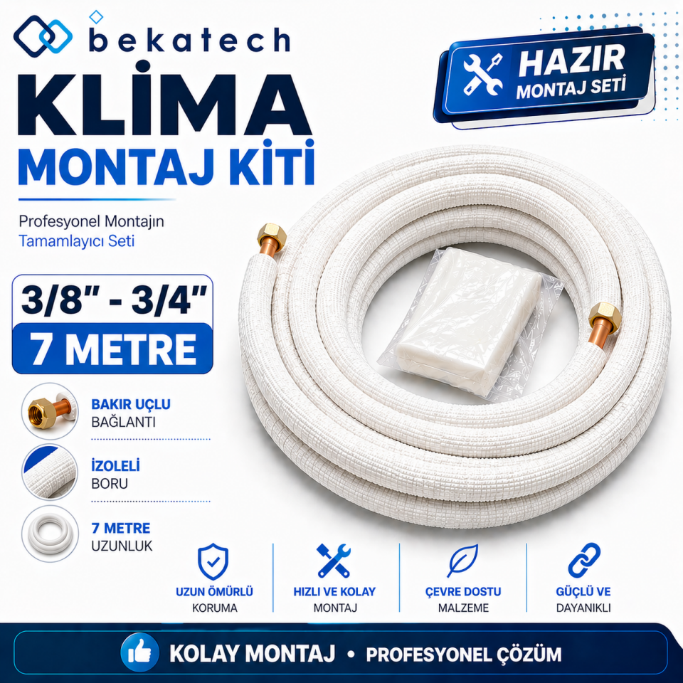 Universal 3/8-3/4 7 Metre Klima Montaj Kiti Seti Bakır Uçlu