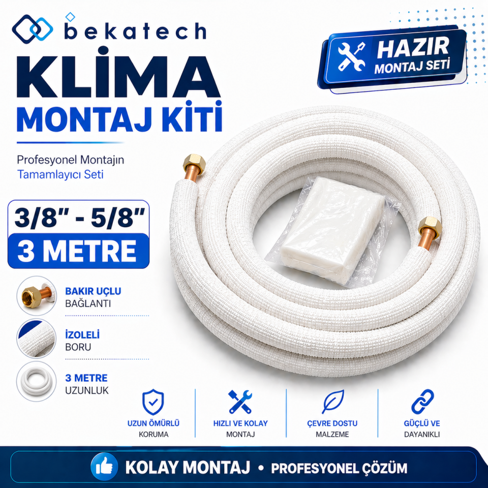 Universal 3/8-5/8 3 Metre Klima Montaj Kiti Seti Bakır Uçlu
