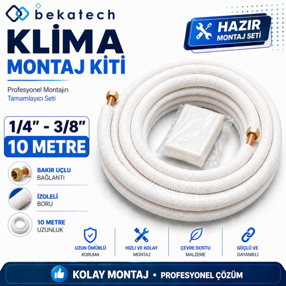 Universal 1/4-3/8 10 Metre Klima Montaj Kiti Seti Bakır Uçlu