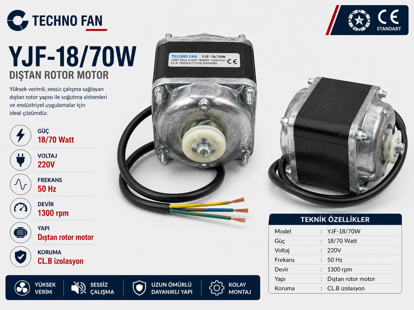 TECHNO FAN YJF-18/70W Fan Motoru 220V 1300 RPM Dıştan Rotor