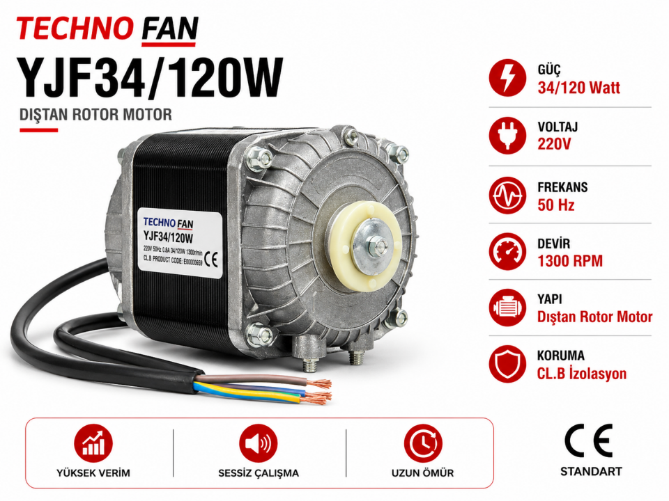 TECHNO FAN YJF34/120W Fan Motoru 220V 1300 RPM Dıştan Rotor
