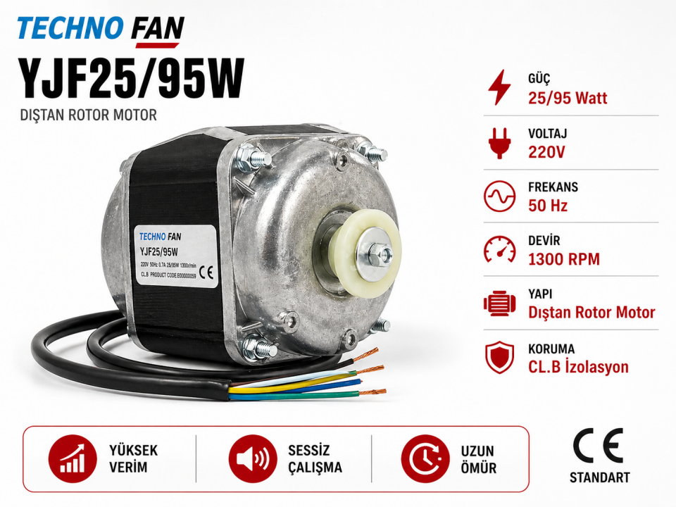 TECHNO FAN YJF25/95W Fan Motoru 220V 1300 RPM Dıştan Rotor