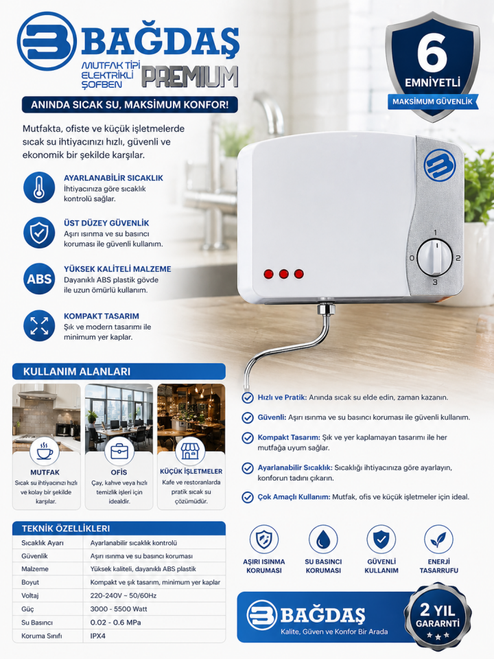 Bağdaş Premium Mutfak Tipi Elektrikli Şofben