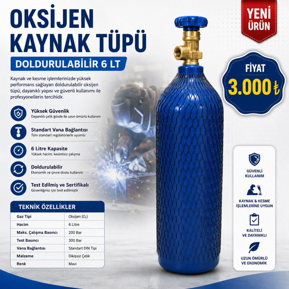Oksijen Kaynak Tüpü Doldurulabilir 6 Lt