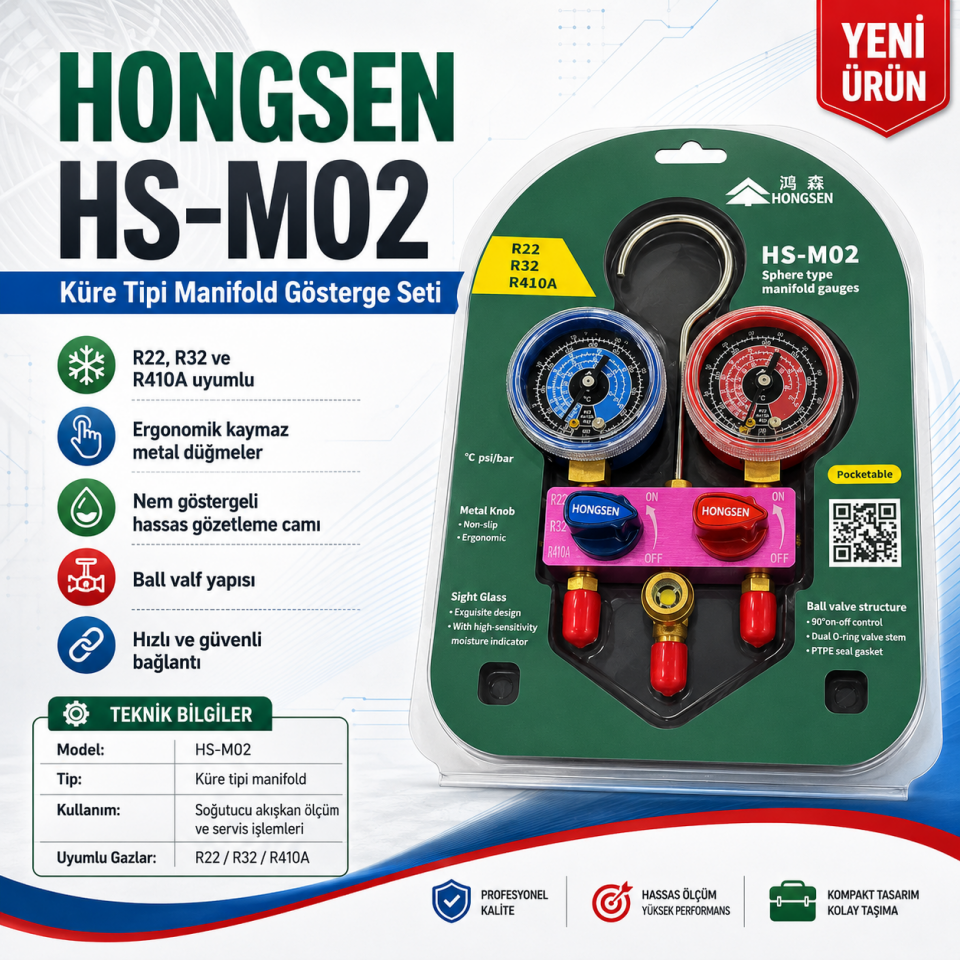 Hongsen HS-M02 R22, R32, R410A Uyumlu İkili Manifold