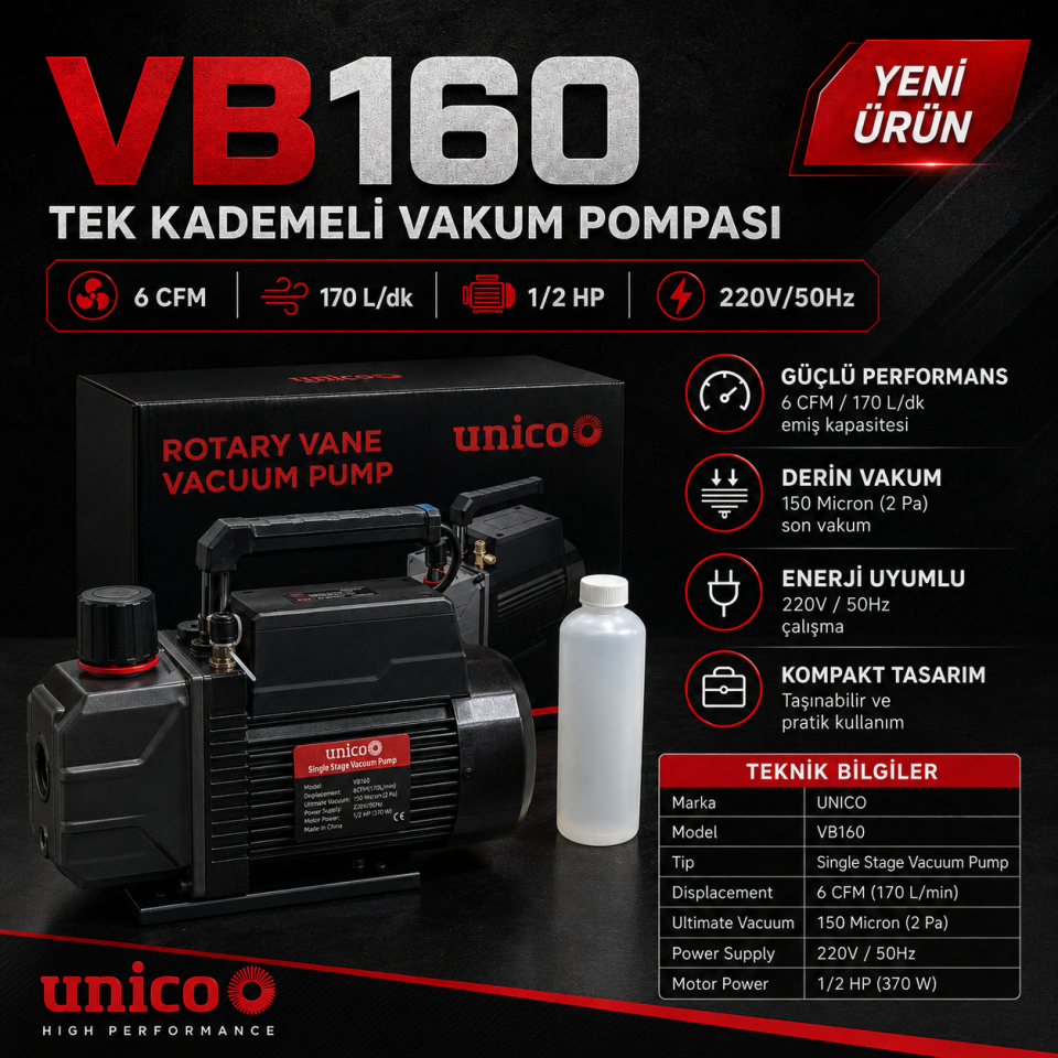 UNICO VB160 Tek Kademeli Vakum Pompası