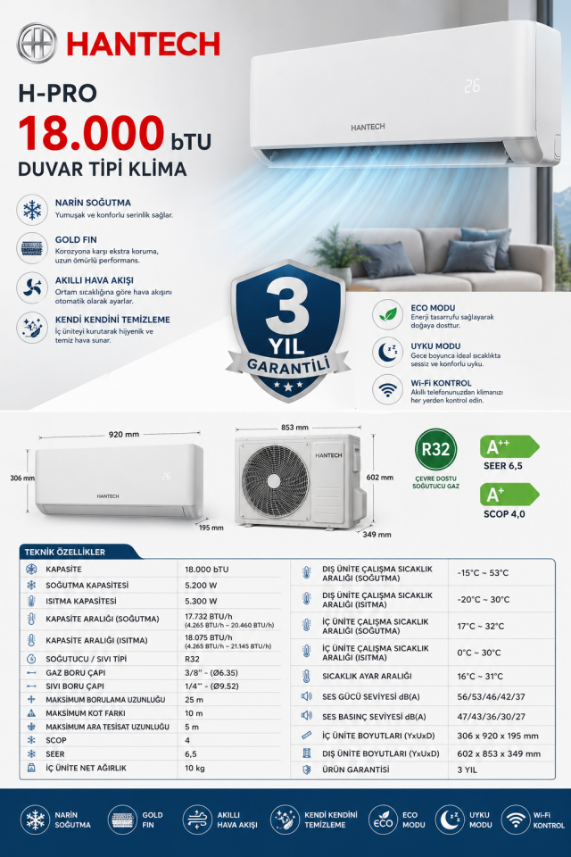 Hantech H-Pro 18.000 bTU Kapasiteli Duvar Tipi Klima A++ beyaz