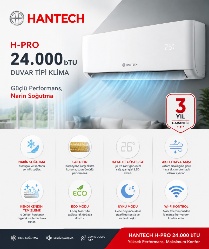 Hantech H-Pro 24.000 bTU Kapasiteli Duvar Tipi Klima Beyaz