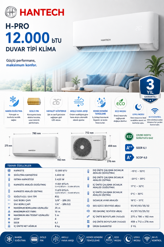 Hantech H-Pro 12.000 bTU Kapasiteli Duvar Tipi Klima Beyaz