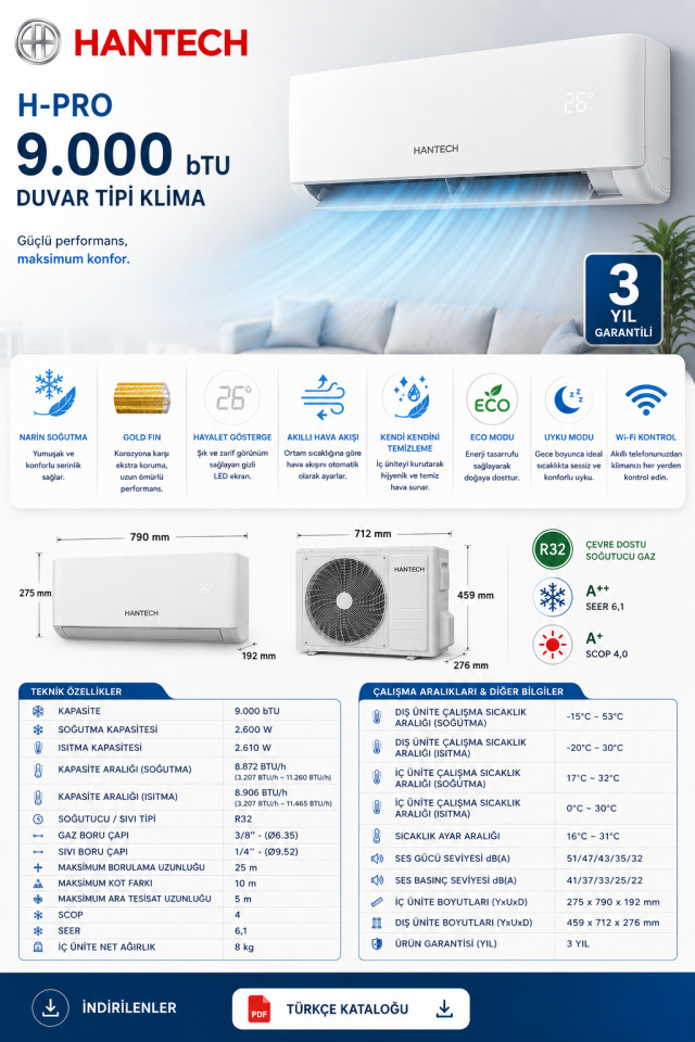 Hantech H-Pro 9.000 bTU Kapasiteli Duvar Tipi Klima A++ beyaz