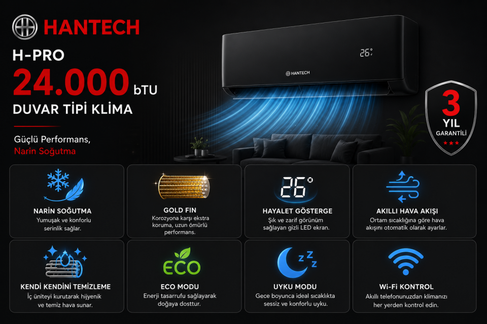 Hantech H-Pro 9.000 bTU Kapasiteli Duvar Tipi Klima A++ SİYAH