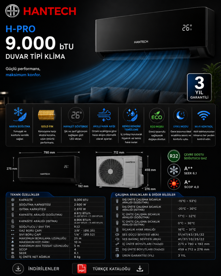 Hantech H-Pro 9.000 bTU Kapasiteli Duvar Tipi Klima A++ SİYAH