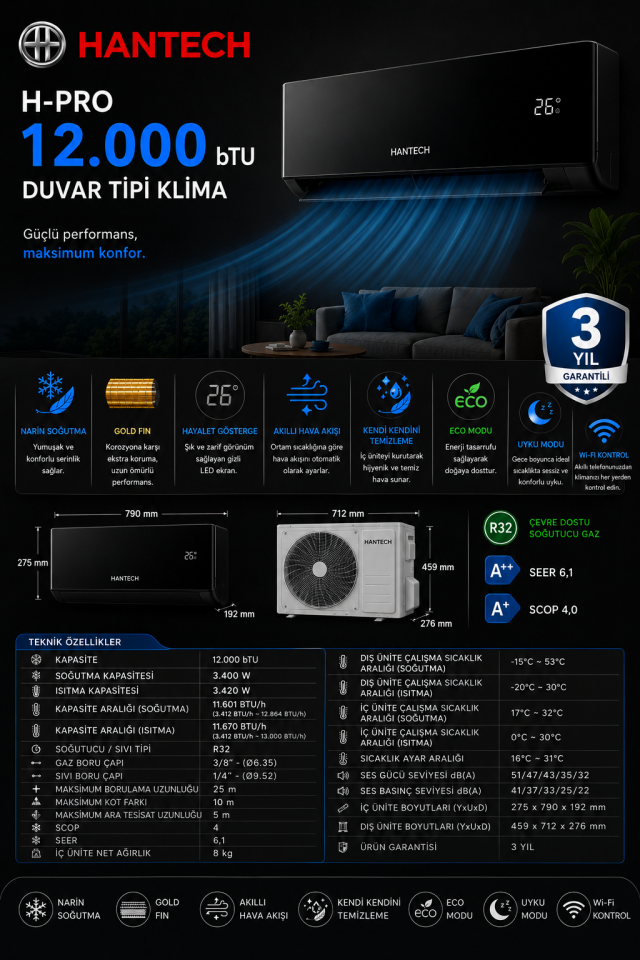 Hantech H-Pro 12.000 bTU Kapasiteli Duvar Tipi Klima A++ SİYAH