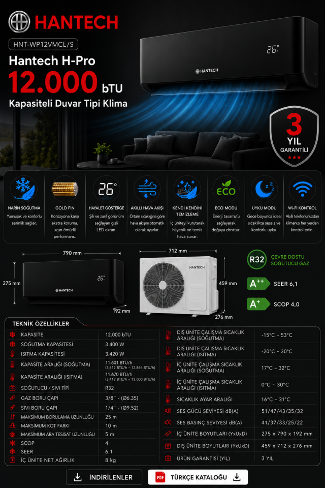 Hantech H-Pro 12.000 bTU Kapasiteli Duvar Tipi Klima A++ SİYAH