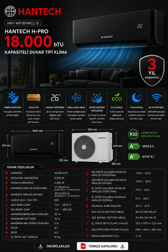 Hantech H-Pro 18.000 bTU Kapasiteli Duvar Tipi Klima A++ SİYAH