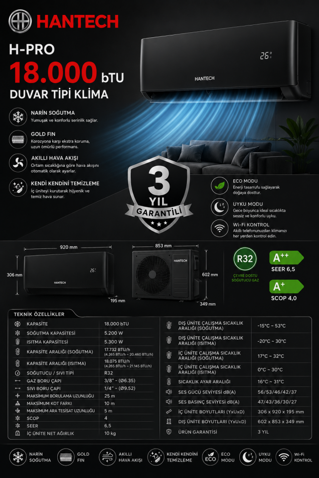 Hantech H-Pro 18.000 bTU Kapasiteli Duvar Tipi Klima A++ SİYAH