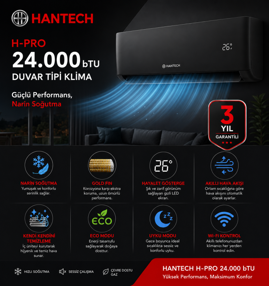 Hantech H-Pro 24.000 bTU Kapasiteli Duvar Tipi Klima A++ Siyah
