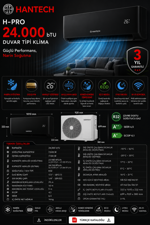 Hantech H-Pro 24.000 bTU Kapasiteli Duvar Tipi Klima A++ Siyah