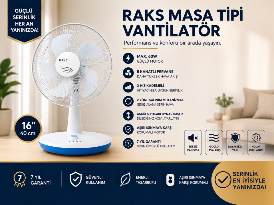 RAKS Masa Tipi Vantilatör – 16 İnç / 40 cm