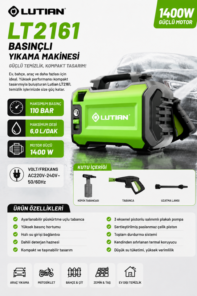 Lutian LT2161 1400 W 110 Bar Basınçlı Yıkama Makinesi