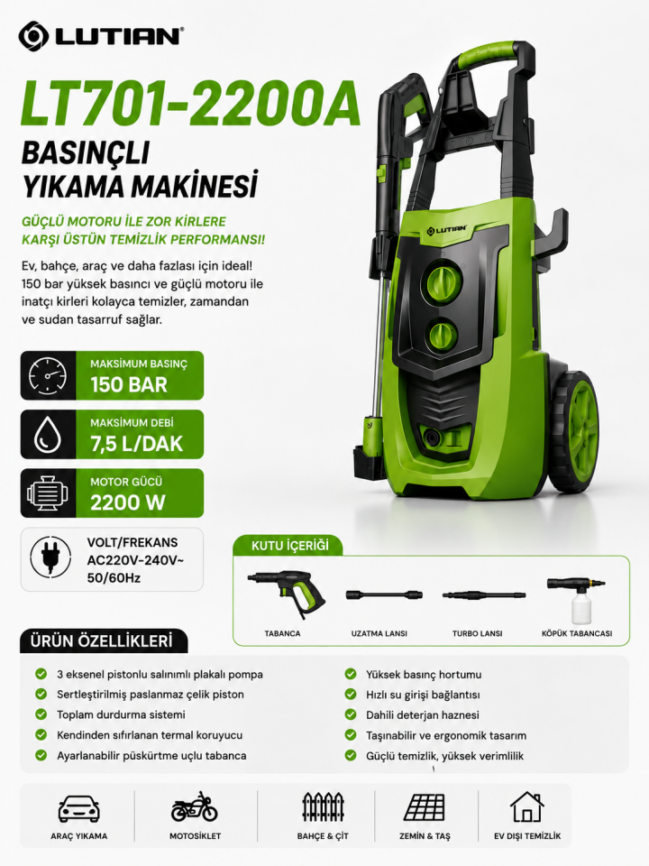 Lutian LT701-2200A 2200W 150 Bar  Basınçlı Yıkama Makinesi
