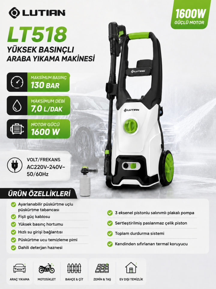 Lutian LT518 1600 W 130 Bar Yüksek Basınçlı Yıkama Makinesi