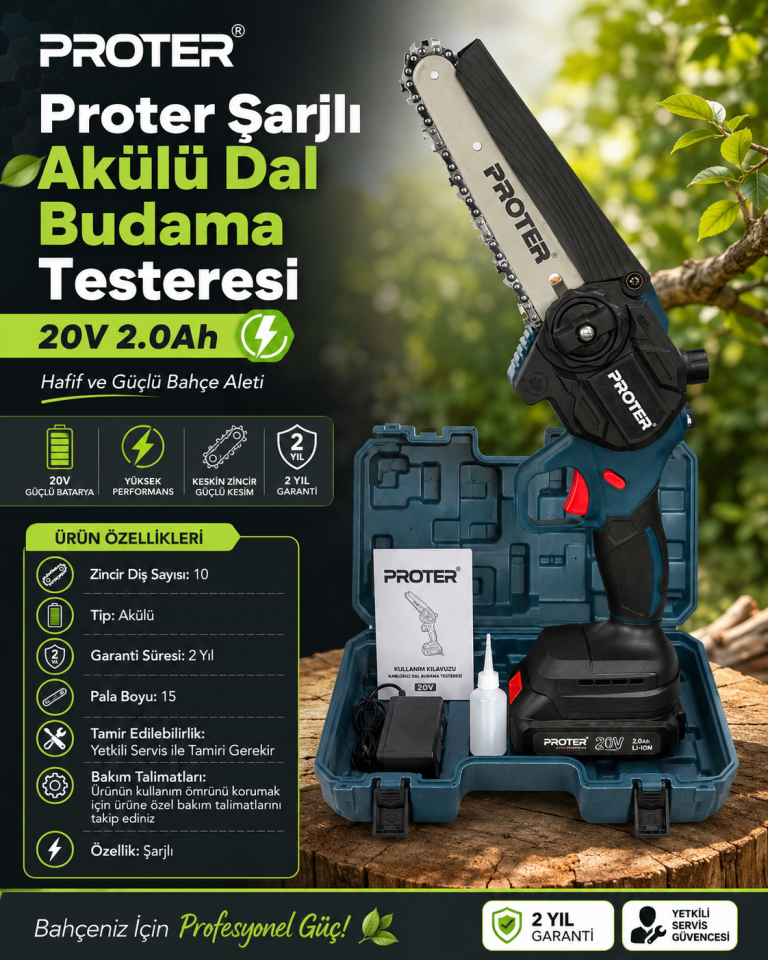 Proter Şarjlı Akülü Dal Budama Testeresi 20V 2.0Ah