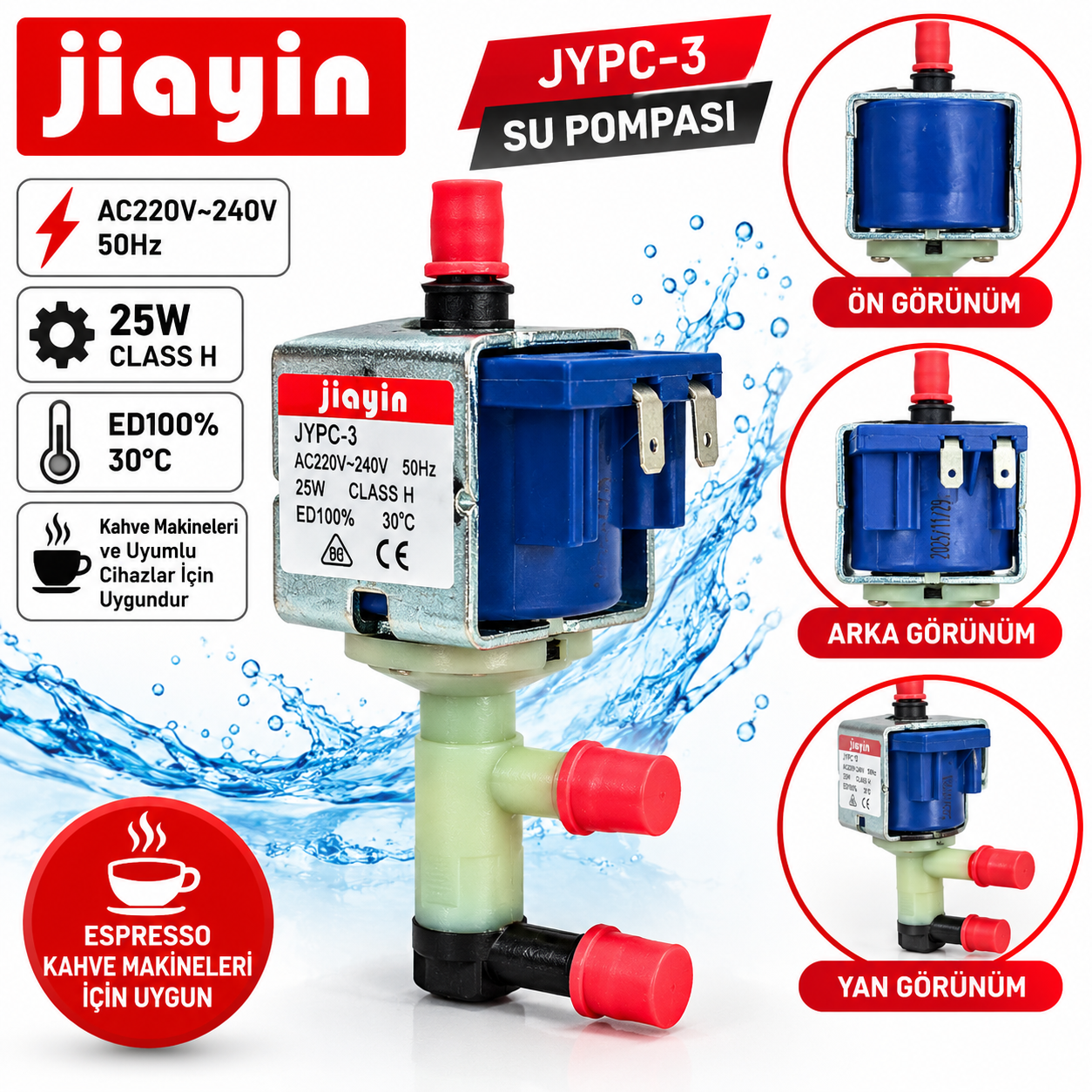 Jiayin JYPC-3 25W 220V Kahve Makinesi Su Pompası – Elektromanyetik Pompa