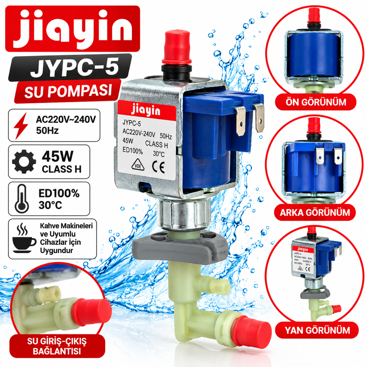 Jiayin JYPC-5 45W 220-240V Kahve Makinesi Su Pompası – Elektromanyetik Pompa