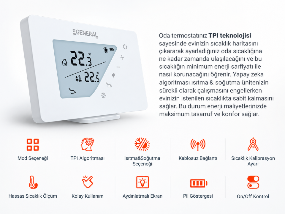 GENERAL Life THERMA HT390S SMART Akıllı Kablosuz Oda Termostatı – Wi-Fi Mobil Uygulama Kontrollü