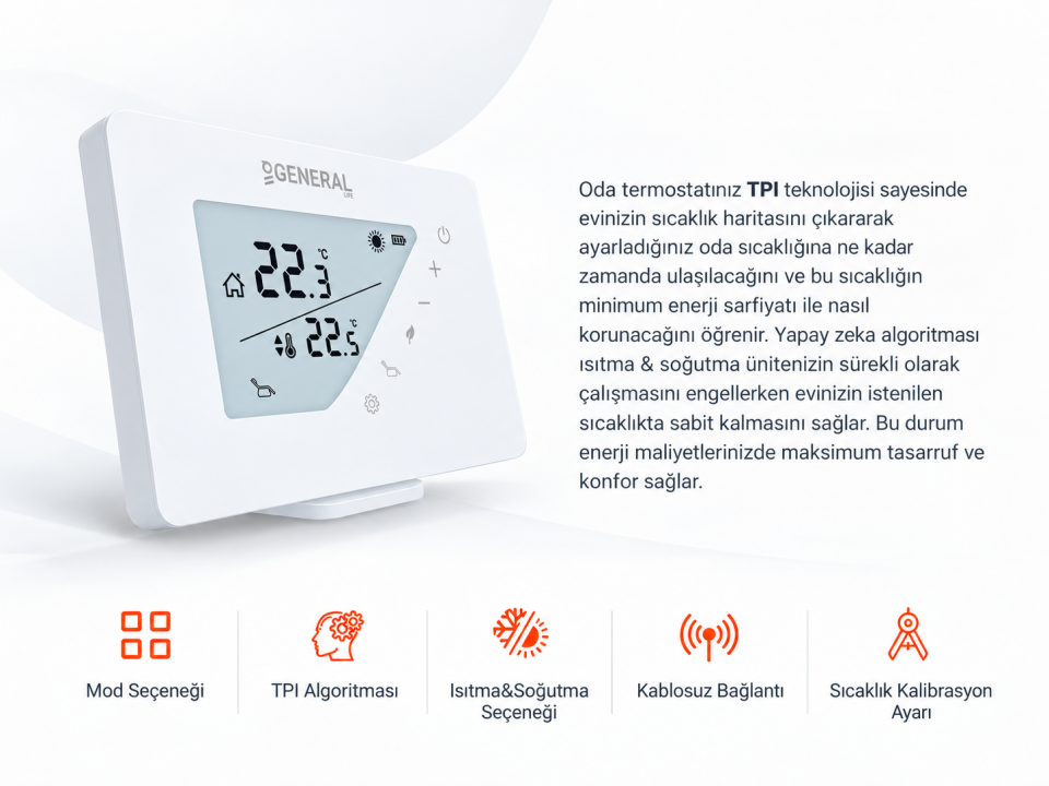 GENERAL Life THERMA HT390S SMART Akıllı Kablosuz Oda Termostatı – Wi-Fi Mobil Uygulama Kontrollü