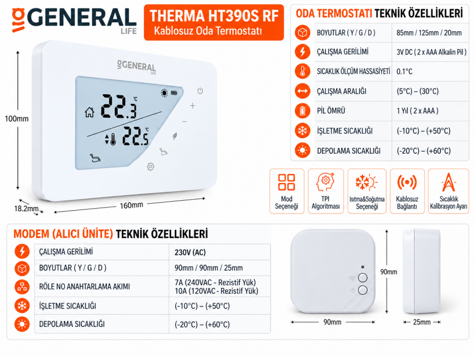 GENERAL Life THERMA HT390S SMART Akıllı Kablosuz Oda Termostatı – Wi-Fi Mobil Uygulama Kontrollü