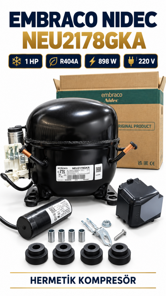 Embraco Nidec NEU2178GKA 1 HP R404A Hermetik Kompresör – CSR – Slovakya Üretimi