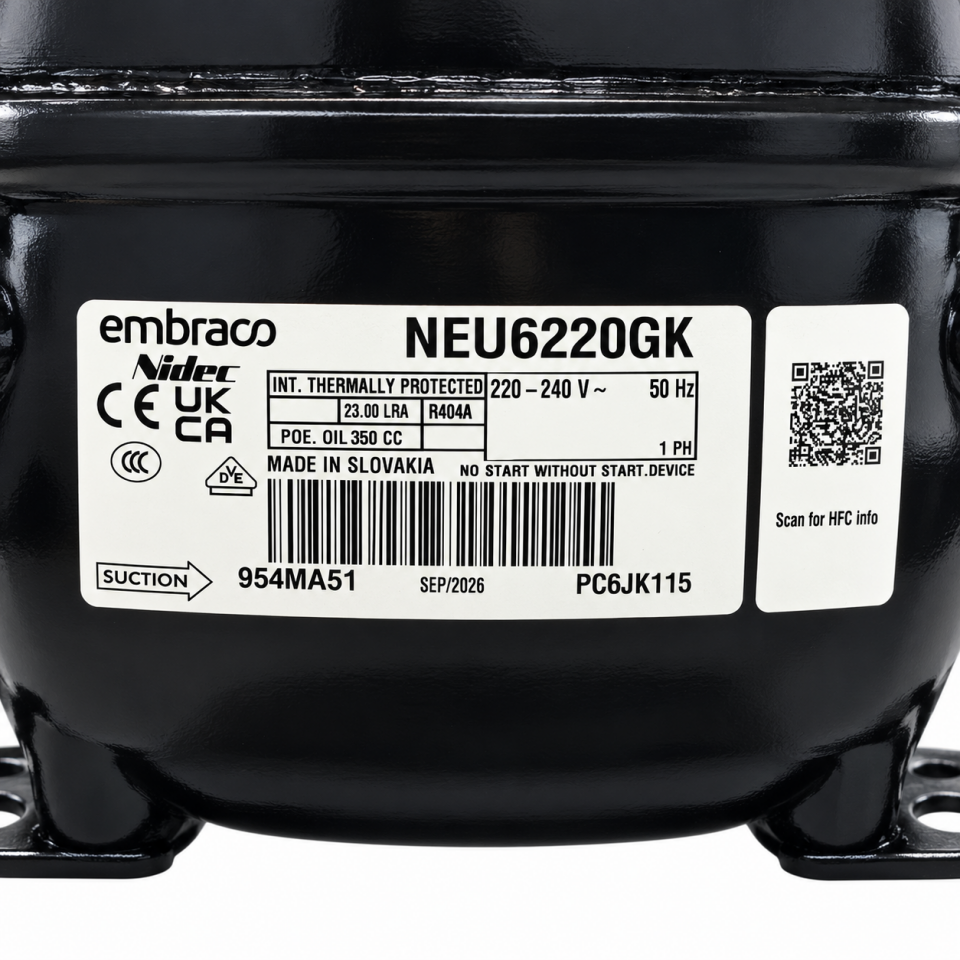 Embraco NEU6220GK CSR 3/4 HP R404A Hermetik Kompresör – 2292 Watt – Slovakya Üretimi