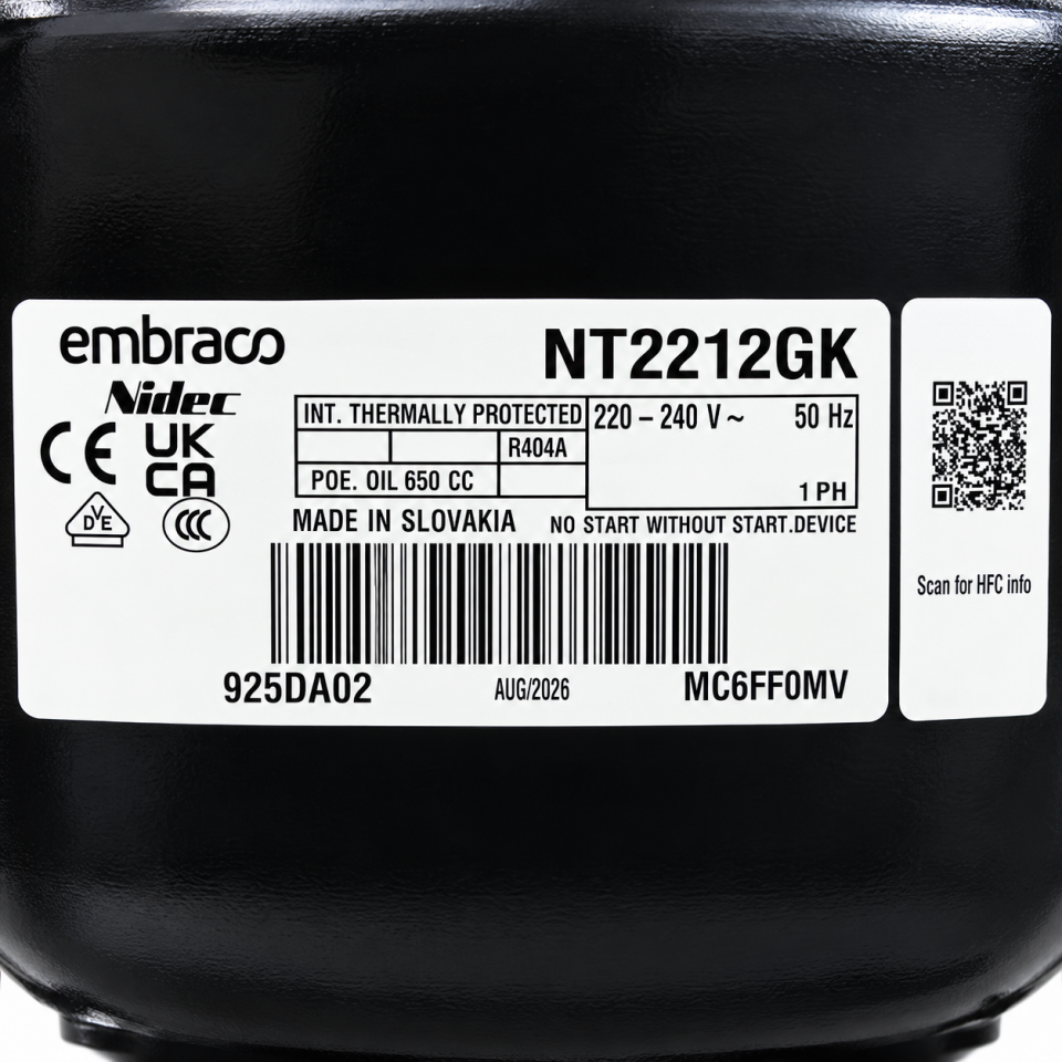 Embraco NT2212GK 1,5 HP R404A Hermetik Kompresör – 1373 Watt – Slovakya Üretimi