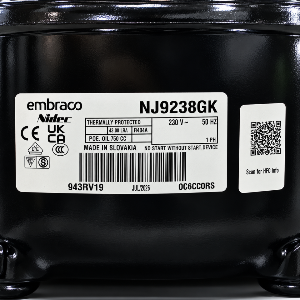 Embraco NJ9238GK 1,5 HP R404A Hermetik Kompresör – 4620 Watt – Slovakya Üretimi