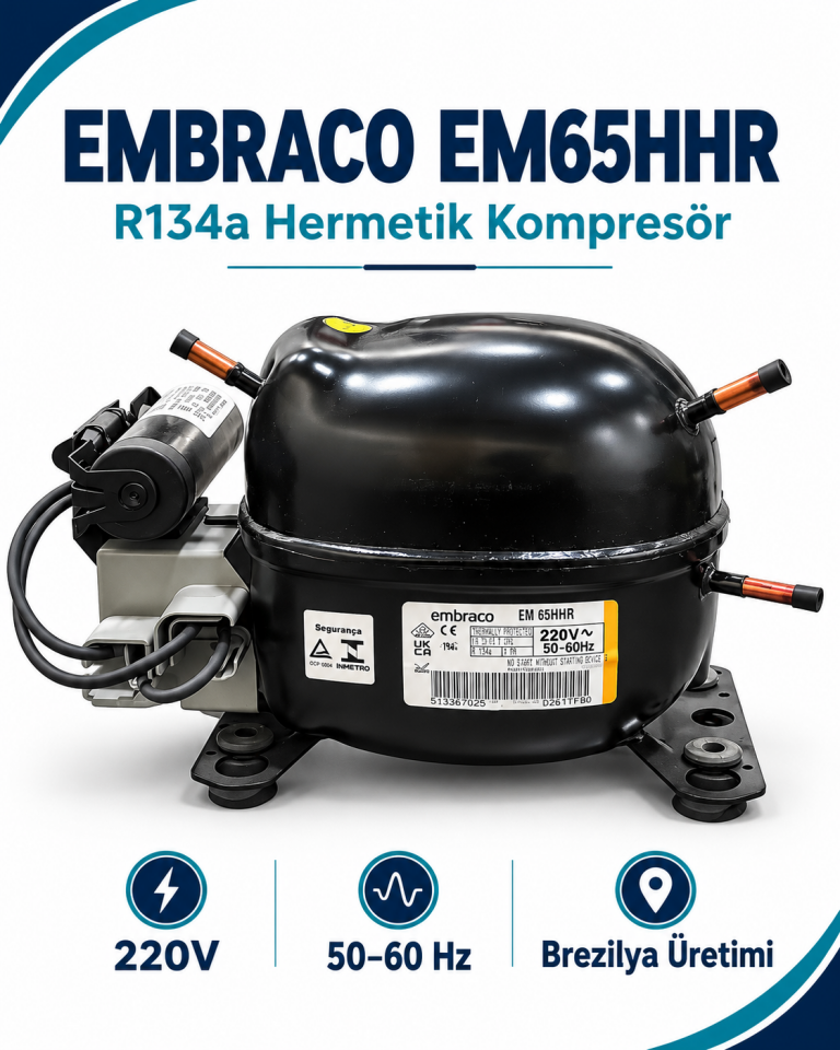 Embraco EM65HHR 1/5 HP R134a Hermetik Kompresör – 645 Watt – Brezilya Üretimi