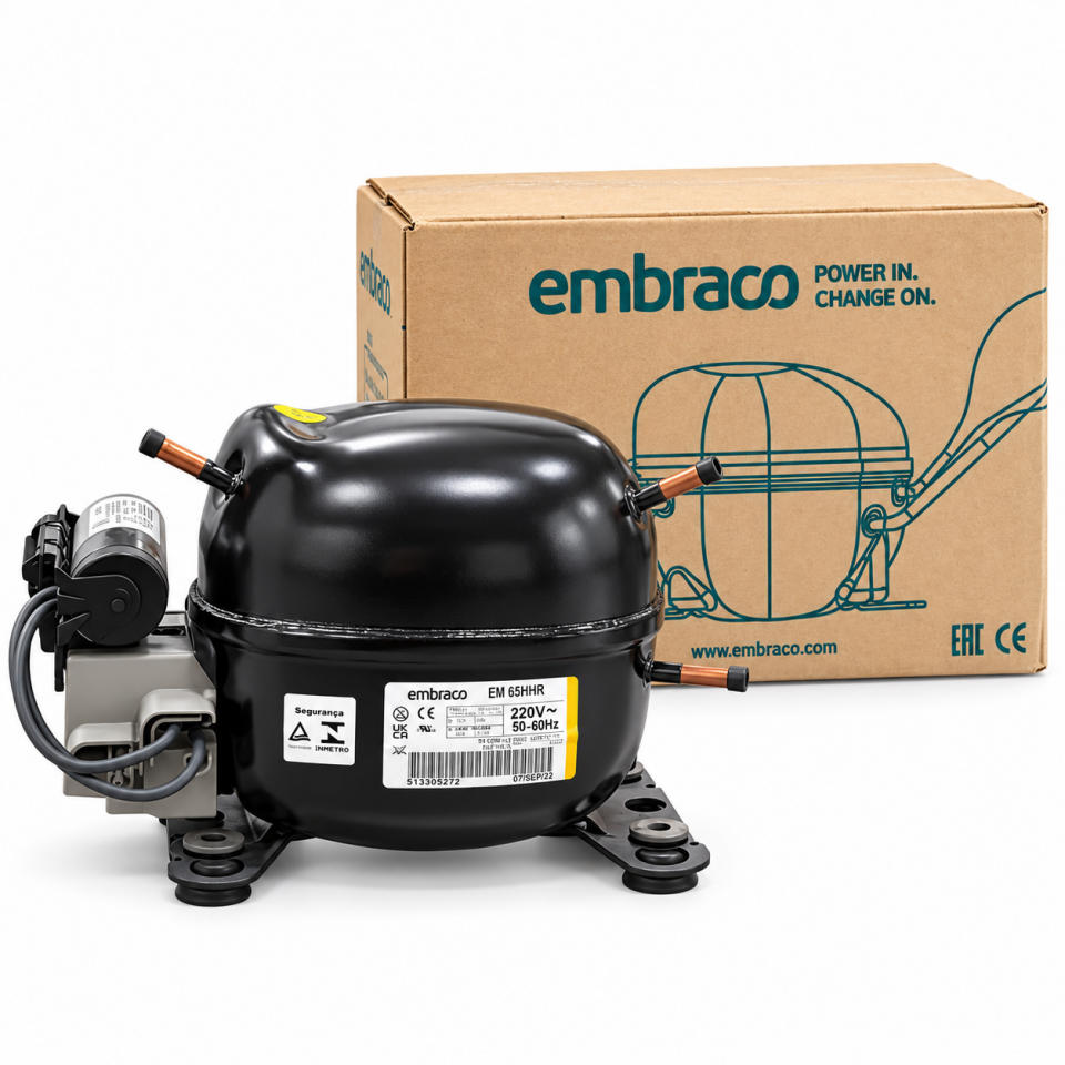 Embraco EM65HHR 1/5 HP R134a Hermetik Kompresör – 645 Watt – Brezilya Üretimi